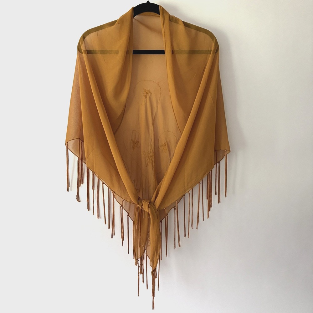 Evening Shawl Wrap Deep Gold Brown Sheer Sequined Fringe Shoulder Waist Chic